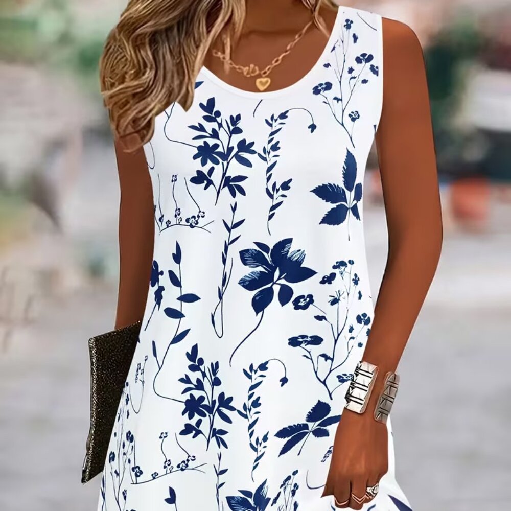 White with Blue Floral Design - Sleeveless Dress